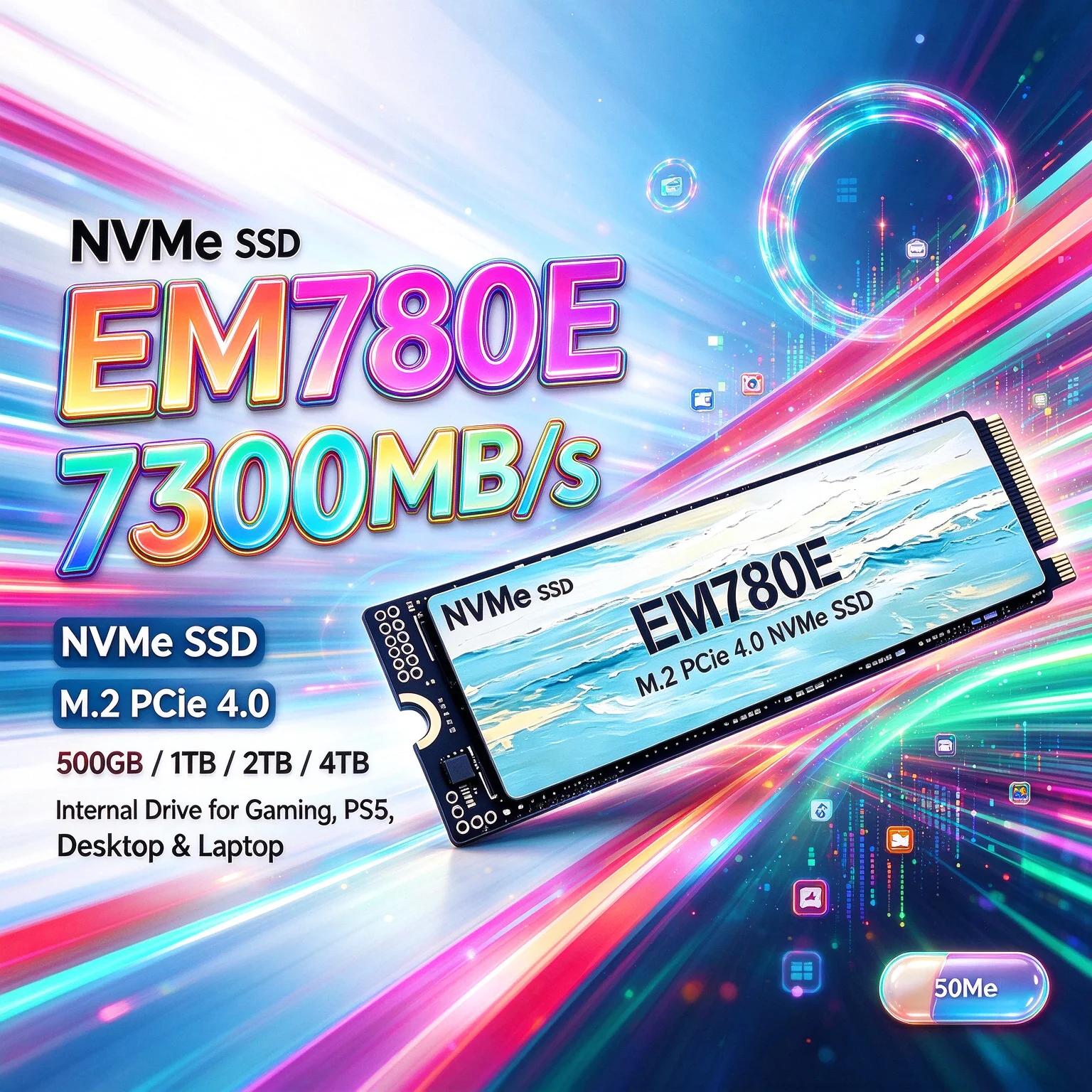 EM780E NVMe SSD Internal Drive 500GB 1TB 2TB 4TB 7300MB/s PCIe 4.0 M.2 Boost Your Gaming Storage PS5 Desktop Laptop
