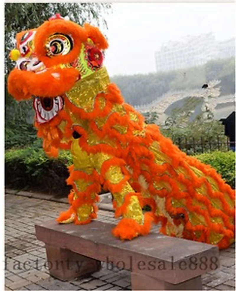 Orange Lion Dance Mascot Costume Wool Southern Lion China Folk Art for Two Adults Cosplay Party Game Advertising Clothing Dress