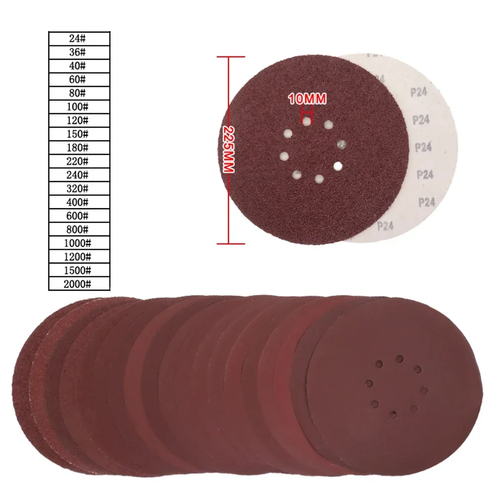 5 uds 9 pulgadas 225mm 8 agujeros discos de lijado Base de papel flocado papel de lija autoadhesivo 60-1200 hojas abrasivas de grano papel de arena