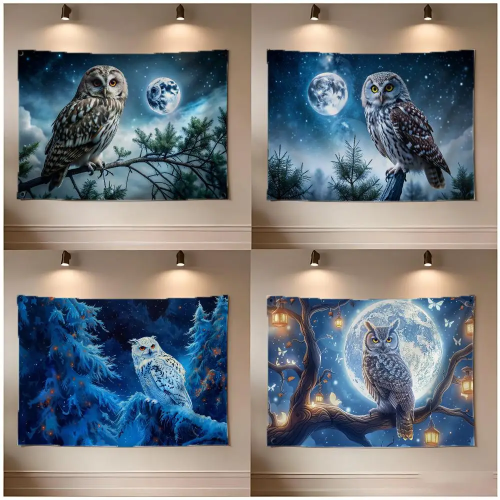 Quirky Nocturnal Owl Pattern Flags Borderless Four Ring Ornament Indoor Outdoor Decoration Quick Hang Install