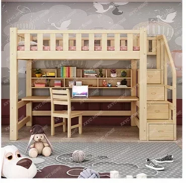 Full solid wood elevated bed, bed and table, children's upper and lower bunks, combined with a desk, adult dormitory