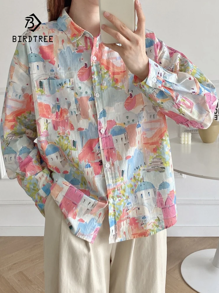 

New 2026 Spring Women Cotton Long Sleeve Shirt, Turn-down Collar Printed, Mori Girl Fashion Casual Thin Loose Blouse T63720CC