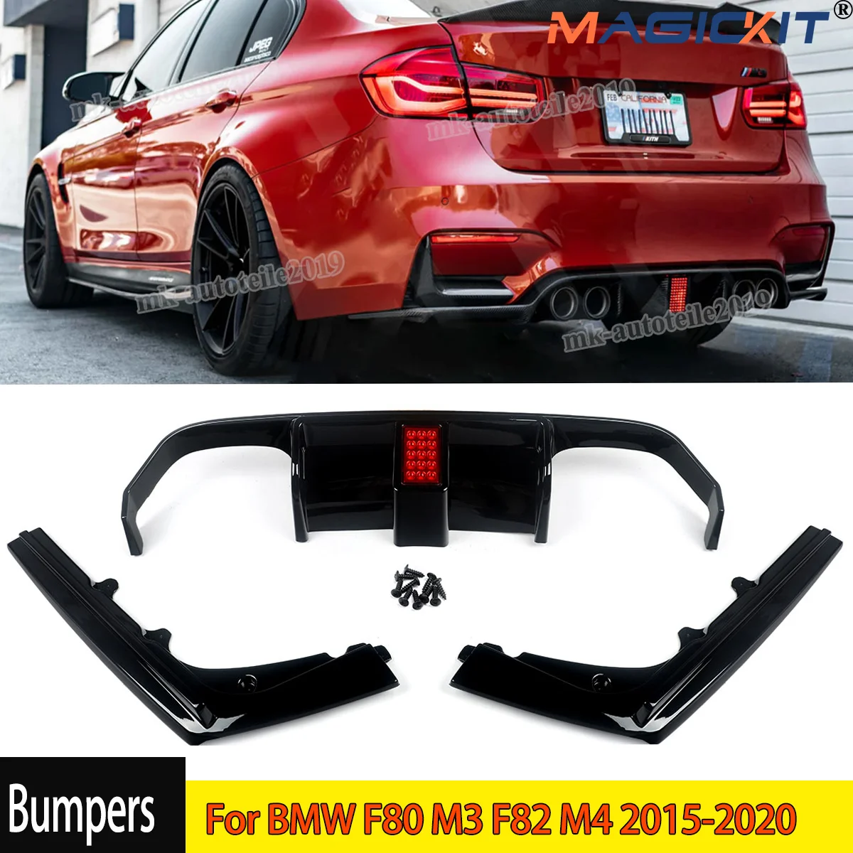 F80 F82  V Style Rear Bumper Diffuser with Led Light for BMW M3 F80 M4 F82 F83 2014-2020 Rear Side Splitters Spoiler Lip  Black