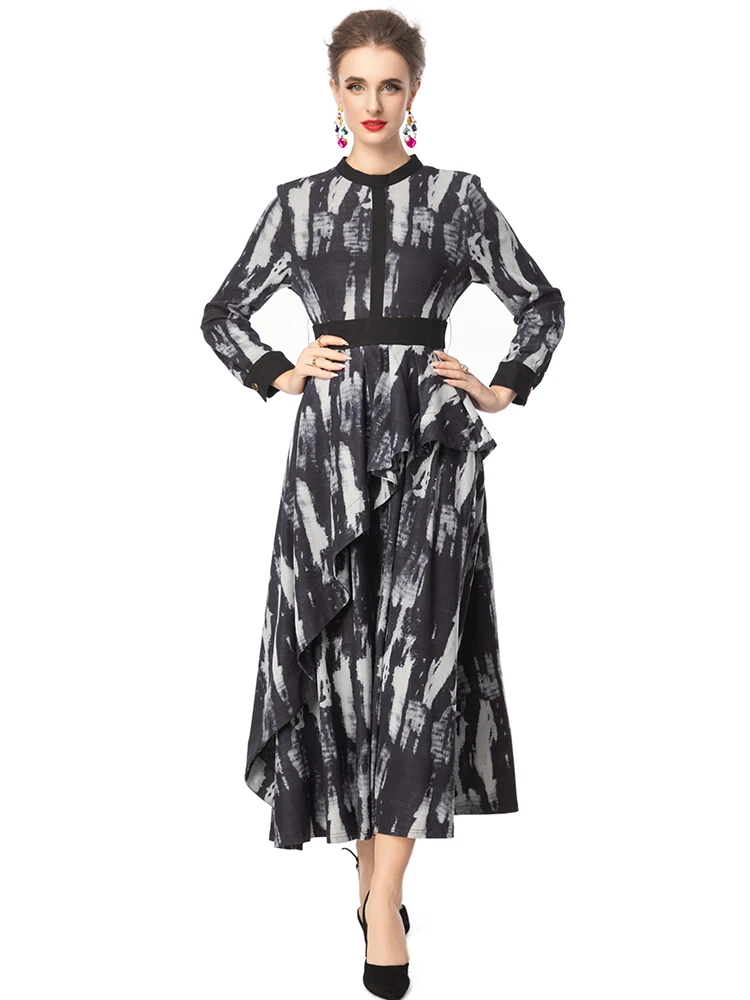DLDENGHAN Women's Stand Collar Long Sleeve Dress with Sashes Ruffles High Street Abstract Print Fashion Autumn Long Dresses