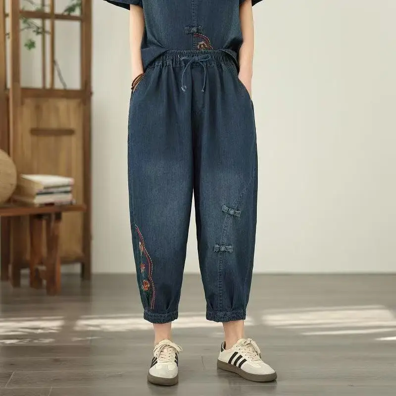 Luxury Embroidery Retro Harajuku Summer Outfit Woman Two-piece Set Big Size Thin Cowboy Tops Harem Pants Set High Waist Pants