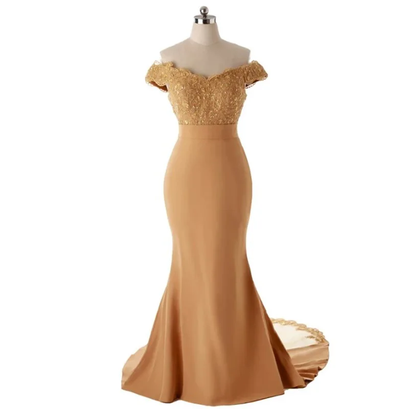 

Gold bridesmaid dresses for wedding 2024 vestido festa mermaid long tail satin stickers beaded sexy V-neck off shoulders Eveni