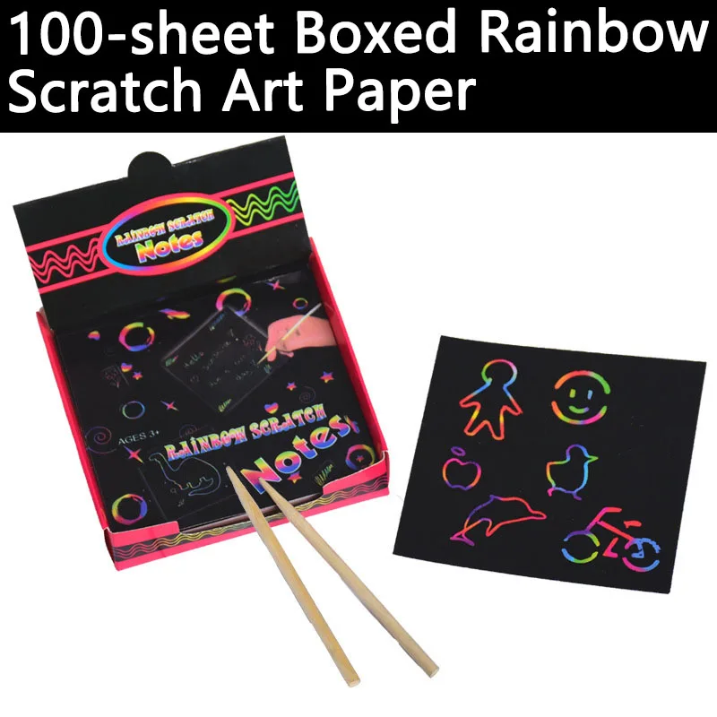 100 Sheets Boxed Thicken Scratch Paper With Bamboo Pen Kindergarten Doodling And Painting Scratch Draw DIY Suitable For Children