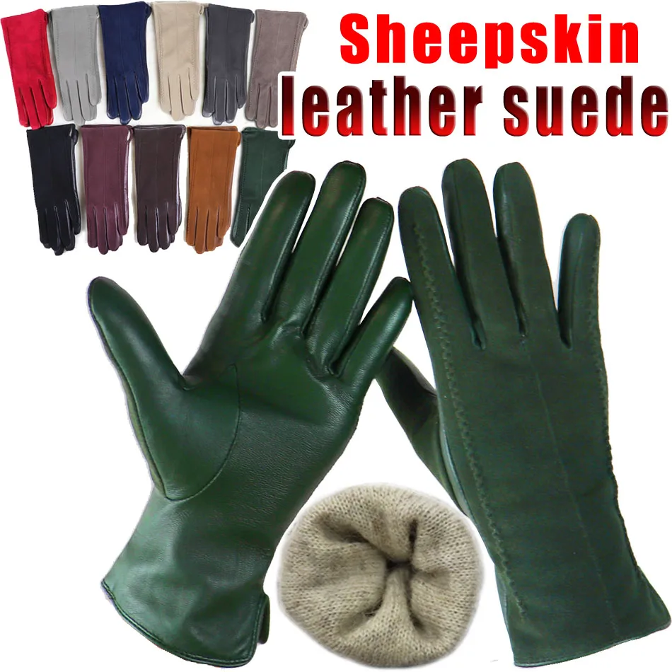 Leather Gloves Women\'s Sheepskin Suede Gloves Frosted Leather Autumn and Winter Thin and Thick Warm Knitted Lining Fashion New