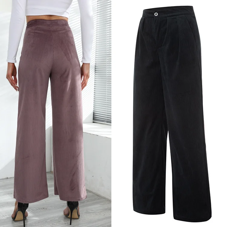 

2022 Retro Solid Color Corduroy High Waist Wide Leg Casual Pants Women's Basic Loose Pants