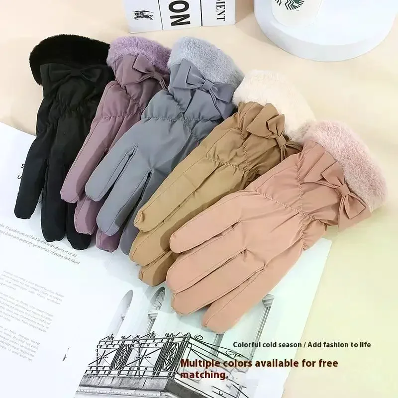 Ski Gloves Women Winter Fleece Thickened Warm Plush Cotton Waterproof Touch-Screen Gloves For Outdoor Riding Mountaineering