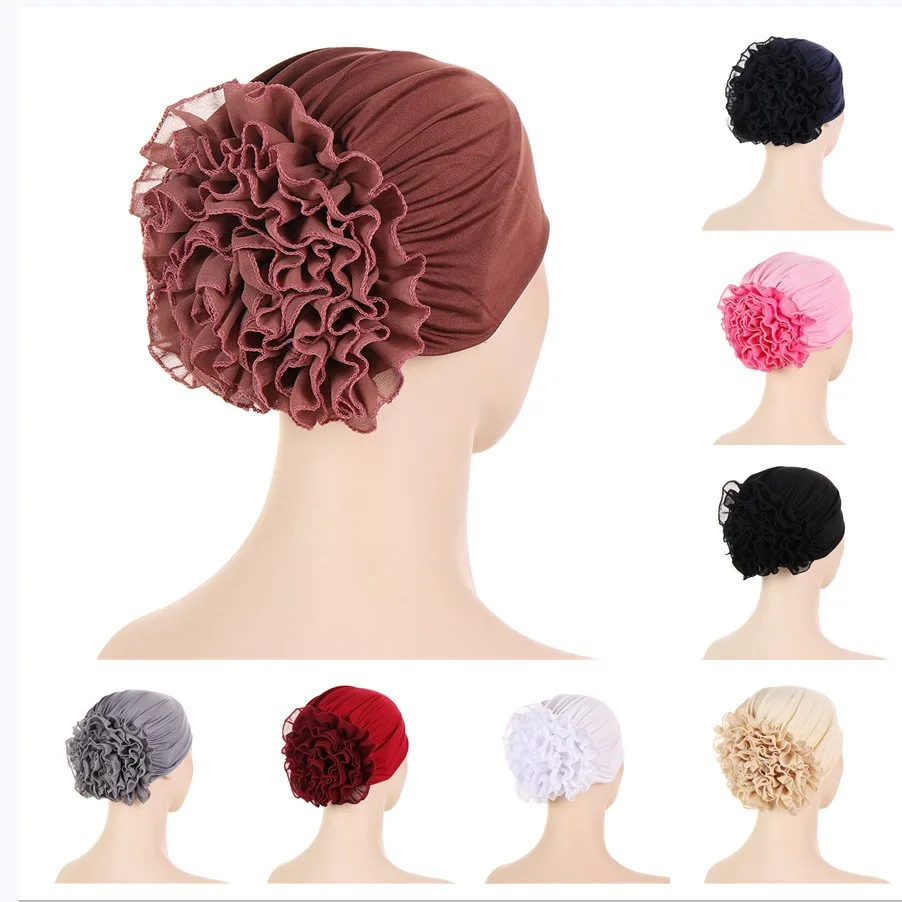 Multicolored Chiffon Turban Cap Women Muslim Hijab Islamic Chemo Cap Big Flower Head Scarf Ladies Head Wrap Cover Hijab Scarf