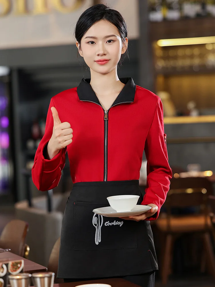 Lapel with Velvet Restaurant Waiter Workwear Women's Long-Sleeved Clothing Hotel Catering Restaurant Tea House Hot Pot Restauran