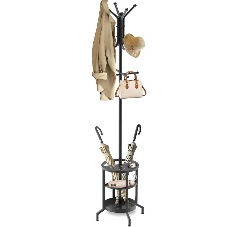 

Rack Freestanding, Coat Stand with Umbrella Holder, Metal Coat Tree with 12 Hooks, Coat Hanger Stand for Entryway, Coat Rack Sta