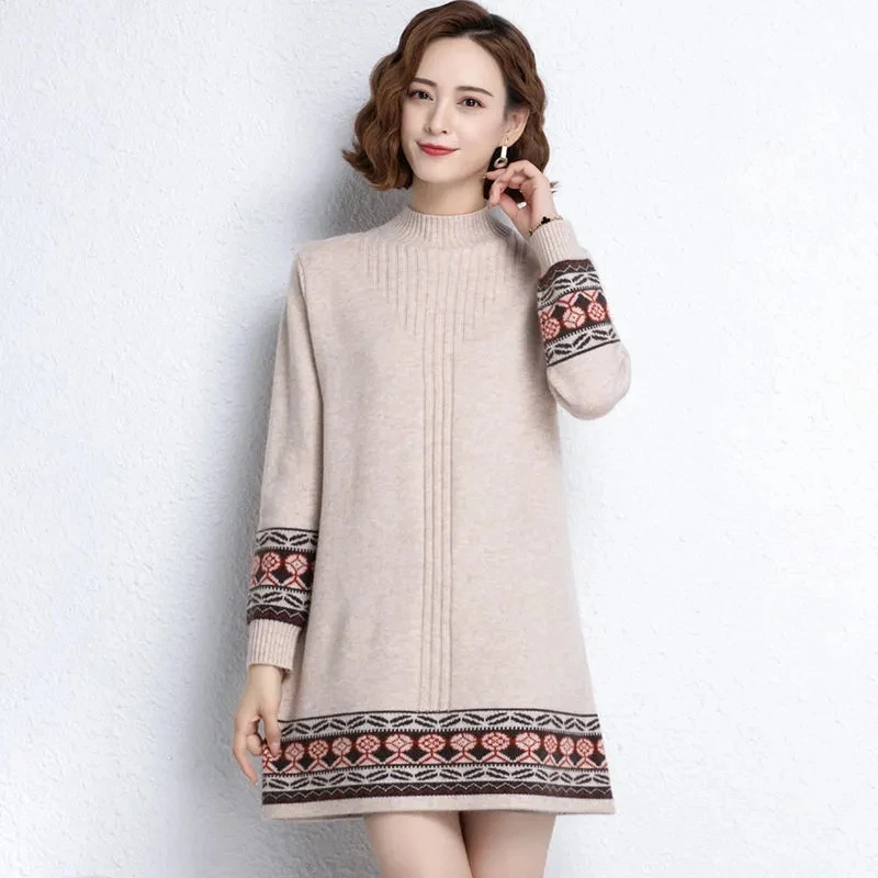 2024 Autumn/Winter New Half High Neck Knitted Sweater Dress Women\'s Loose Long Pullover Ethnic Style Retro Bottom Shirt Female