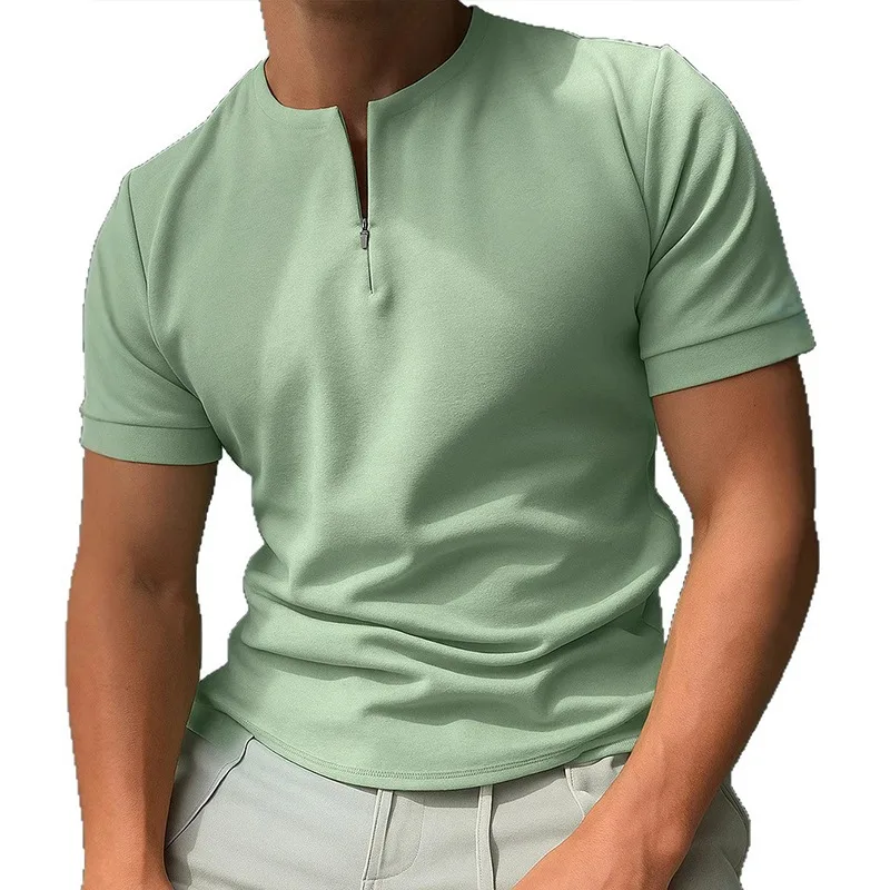 Men Solid Invisible Zip Notch Collar Ice Silk Short Sleeve T Shirt