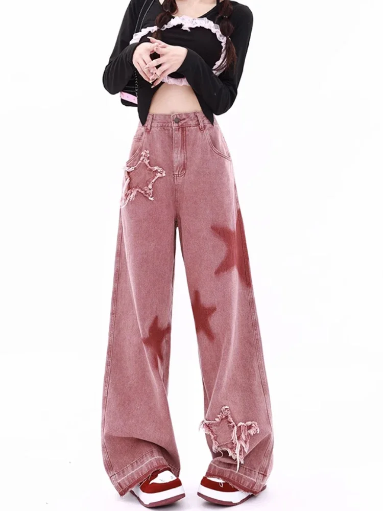 Jeans Women Hotsweet Trendy Colorful All-match Star Streetwear Students Autumn High Waist Leisure Loose Trousers American Style