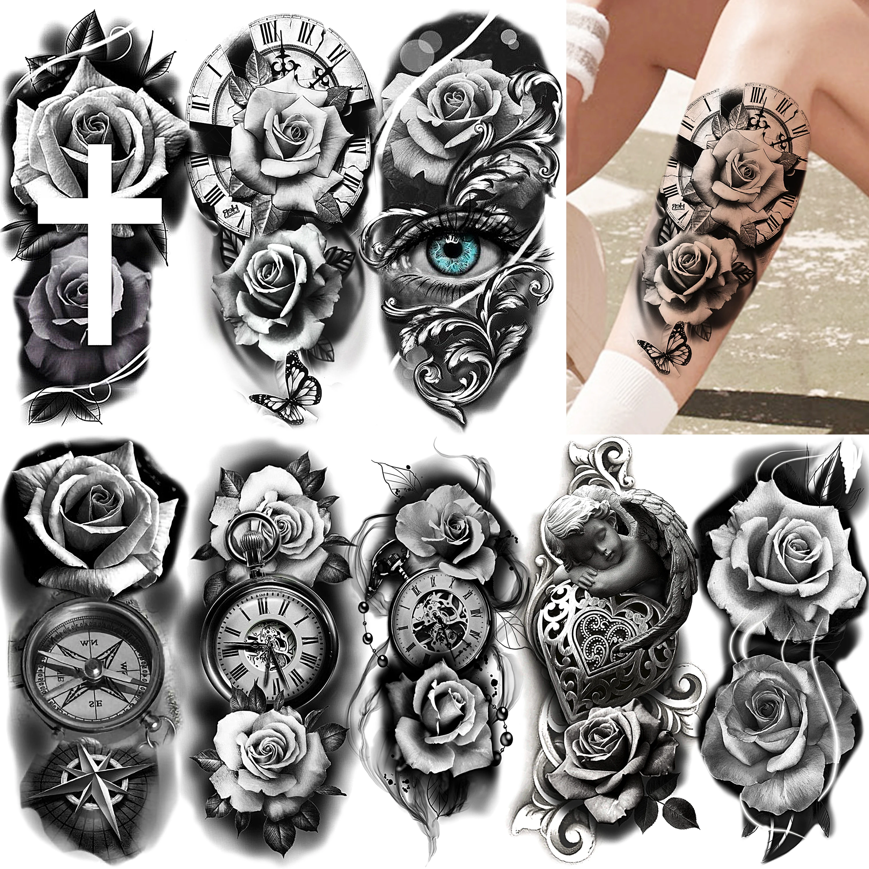 

1 Sheet Compass Peony Rose Temporary Tattoos For Women Girls Realistic Fake 3D Flower Tattoo Sticker Washable Disposable Tatoo