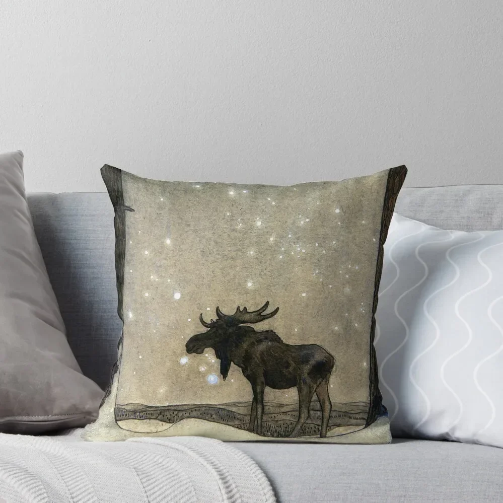 Leap the Elk in the Snow at Night - John Bauer Throw Pillow Custom Cushion Pillow