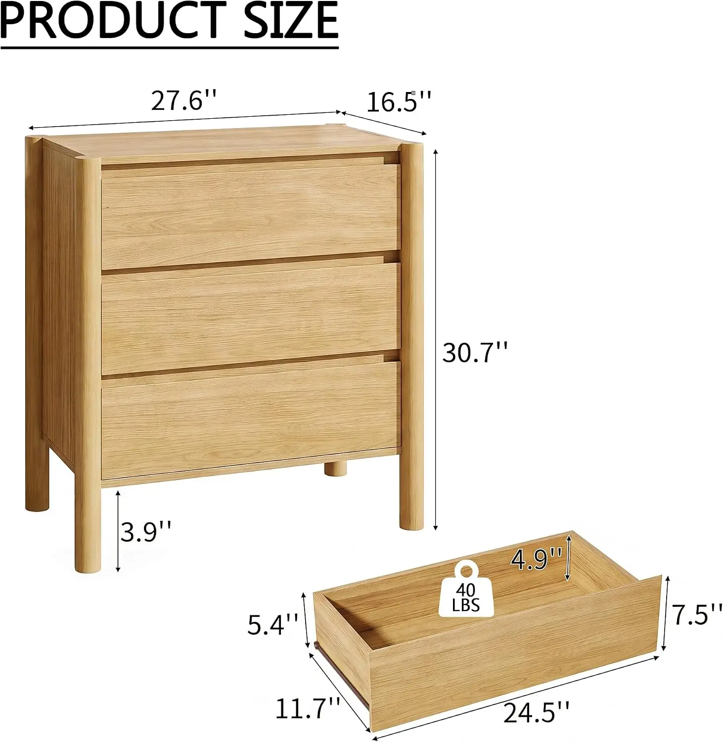Oak 3-Drawer Dresser for Bedroom,Oak Mid-Century Modern Chest with Solid Wood Legs,Concealed Handle,Large Wood Storage Organizer
