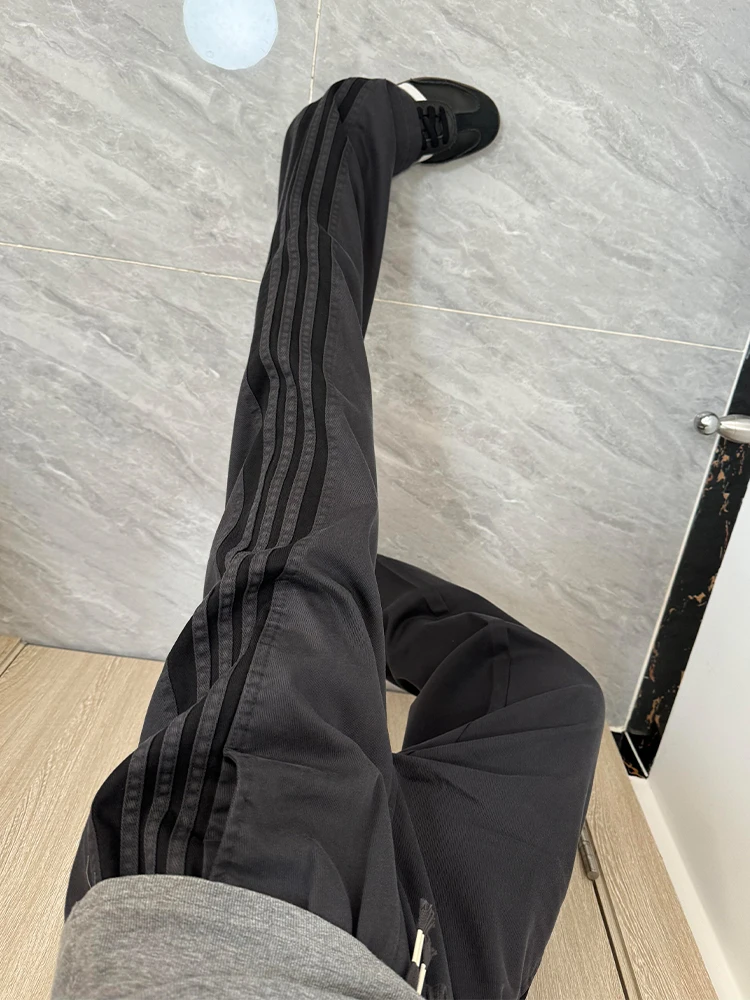 

ay Flared Pants Men's Winter American High Street Fce Lined Workwear Striped Sports Casual Long Trousers Loose Fit