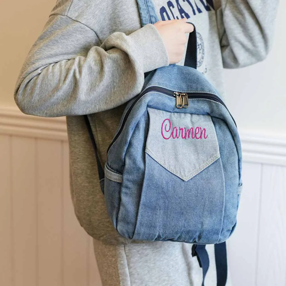 

Personalized And Custom Retro Washed Contrasting Denim Backpack, Embroidered Name Commuting, Leisure, Outdoor Travel Snack Bag