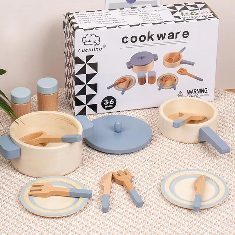 10 pçs criança cozinhar utensílios brinquedos conjunto panelas de cozinha e frigideiras fingir playset de madeira jogar panelas brinquedos conjunto para cozinha fingir brinquedos