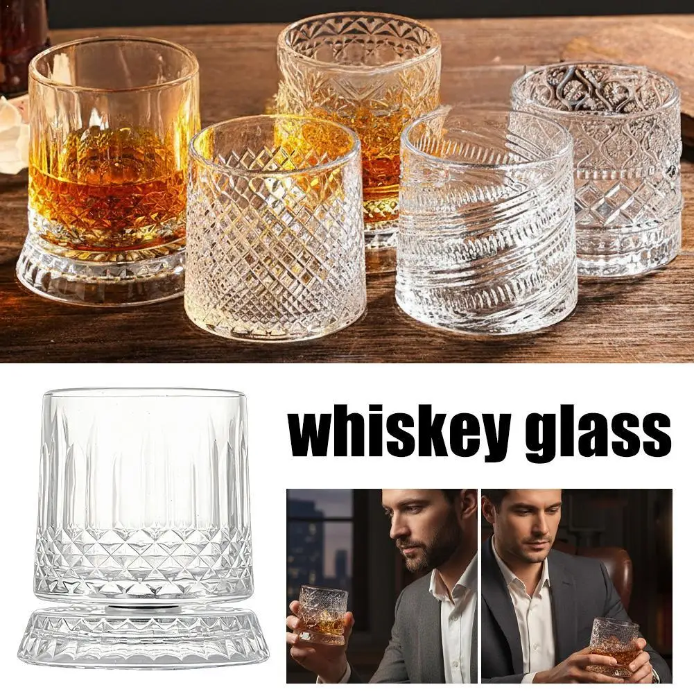 Rotating Whiskey Glass Set Heavy Relief Base Old Fashioned Crystal Cup Embossed Drinking Tumbler for Bourbon 