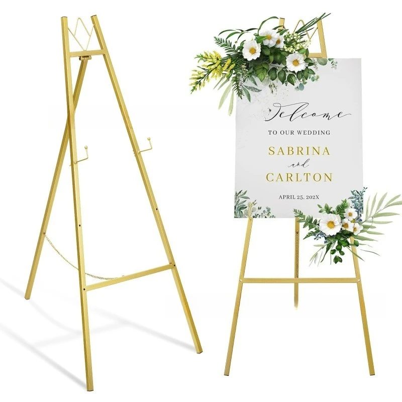 Metal Golden Wedding Display Easel Adjustable Welcome Sign Stand Poster Banner Holder for Wedding Party Event Decoration