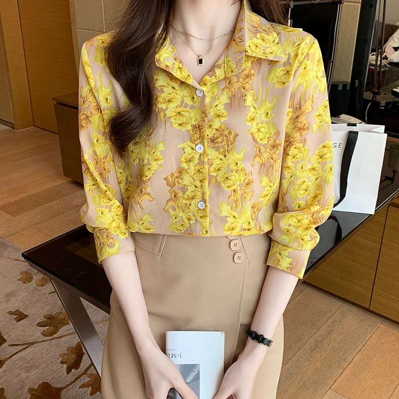 Women Spring Korean Loose Fashion Printing Appear Thin Polo-Neck Long Sleeve Shirts Women Clothes Casual All-match Elegant Tops