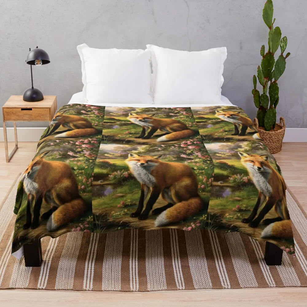 Fox Portrait. Spring fox, floral fox, fox painting, Raphael style Throw Blanket cosplay anime Decorative Beds Warm Blankets