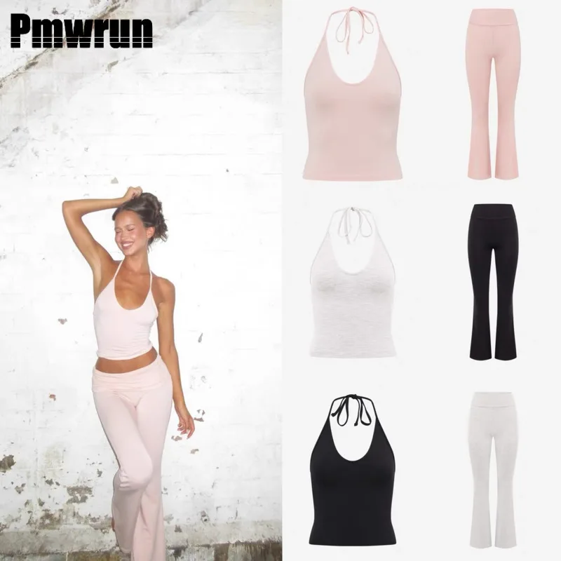 

PMWRUIN Women's 2 Piece Yoga Set: Halter Neck Top & Flare Leggings Soft Stretchy Gym Yoga Running Workout Outfit