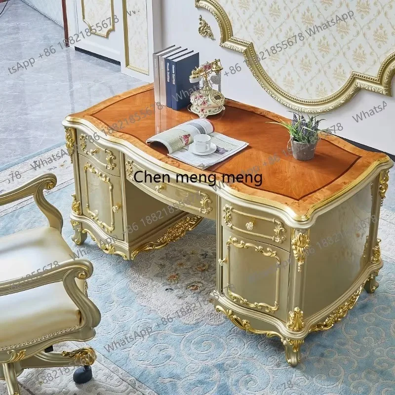 

European Style Desk Luxury Full Solid Wood Villa Solid Wood Office High-end Champagne Gold Study Furniture Set F150