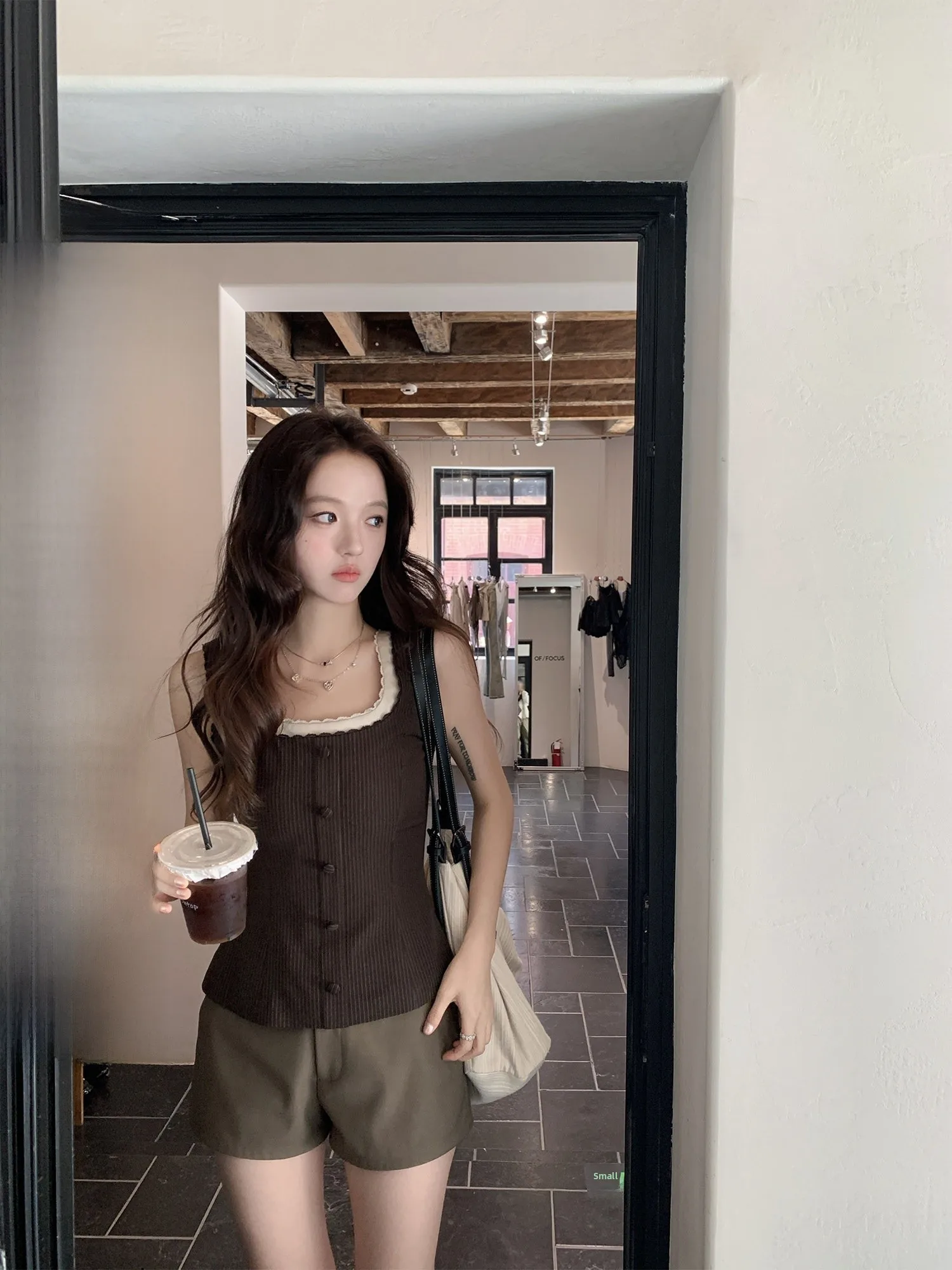 

Neurcz винтажный кружевной топ с застежкой на талии и квадратным воротником, женский летний жилет в стиле ретро, полосатый коричневый комплект из двух предметов