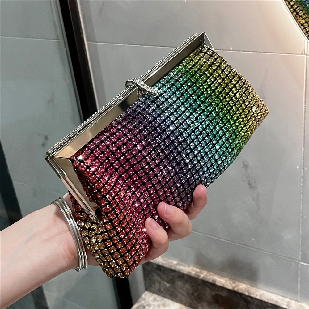 Women Full Rhinestone Clutch Bag American Luxury Design Shining Banquet Bags High Street Colorful Texture Female Clip Handbags