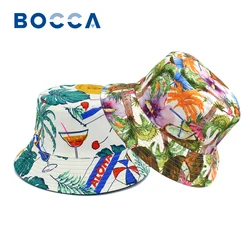 Bocca Hawaii Style Bucket Hat Cartoon Coconut Trees Fisherman Hats Double Sides Panama Cap Beach Outdoor Travel Summer Sunscreen