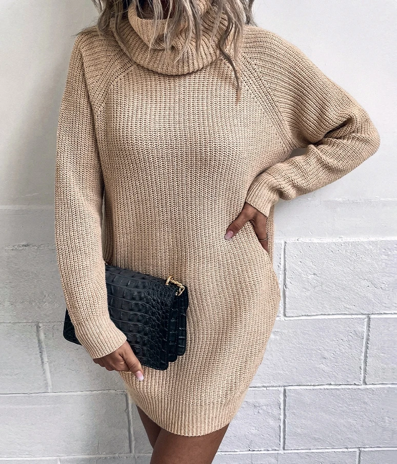 

Women's Dress Fashion Casual Solid Color Lapel High Neck Long Sleeve Knitted Dress Pockets Loose Fit Straight Sweater Dress