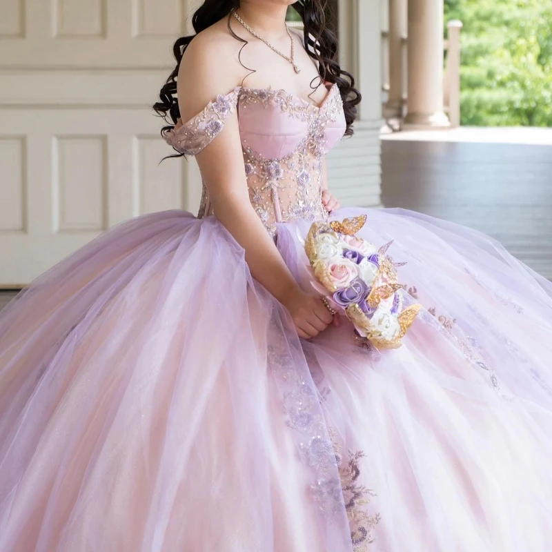 Vestido para quinceañeras con corsé rosa personalizado, apliques De encaje con cuentas y hombros descubiertos para niñas, 16 Vestidos De 15 anos YQD280 2023