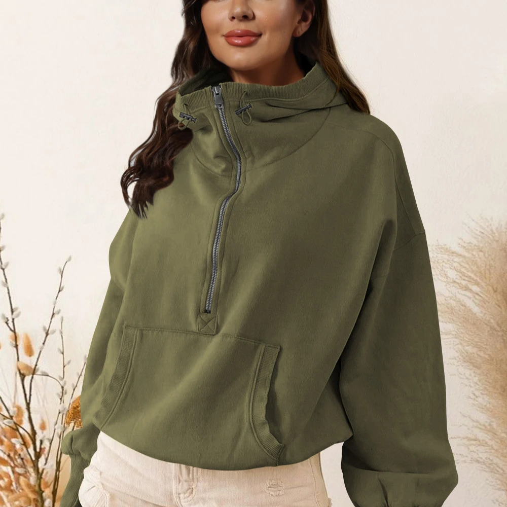 Women's Hooded Sweatshirt Sports Zip Up Pocket Hoodie Solid High Waist Drawstring Long Sleeved Top Jacket for Streetwear