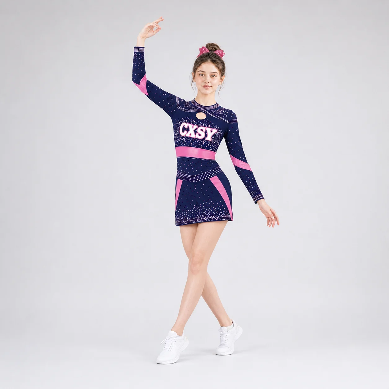 Girls Navy Blue Pink Crystal Cheer Dress Long Sleeve Keyhole Neck Sparkle Skirt Kids Competition Performance Dance Team Costume