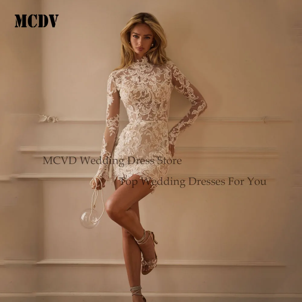 

MCDV Lace Wedding Dresses Women High Neck Full Sleeve Applique Mini Bride Gowns Elegant vestido de novia Above Knee Customized