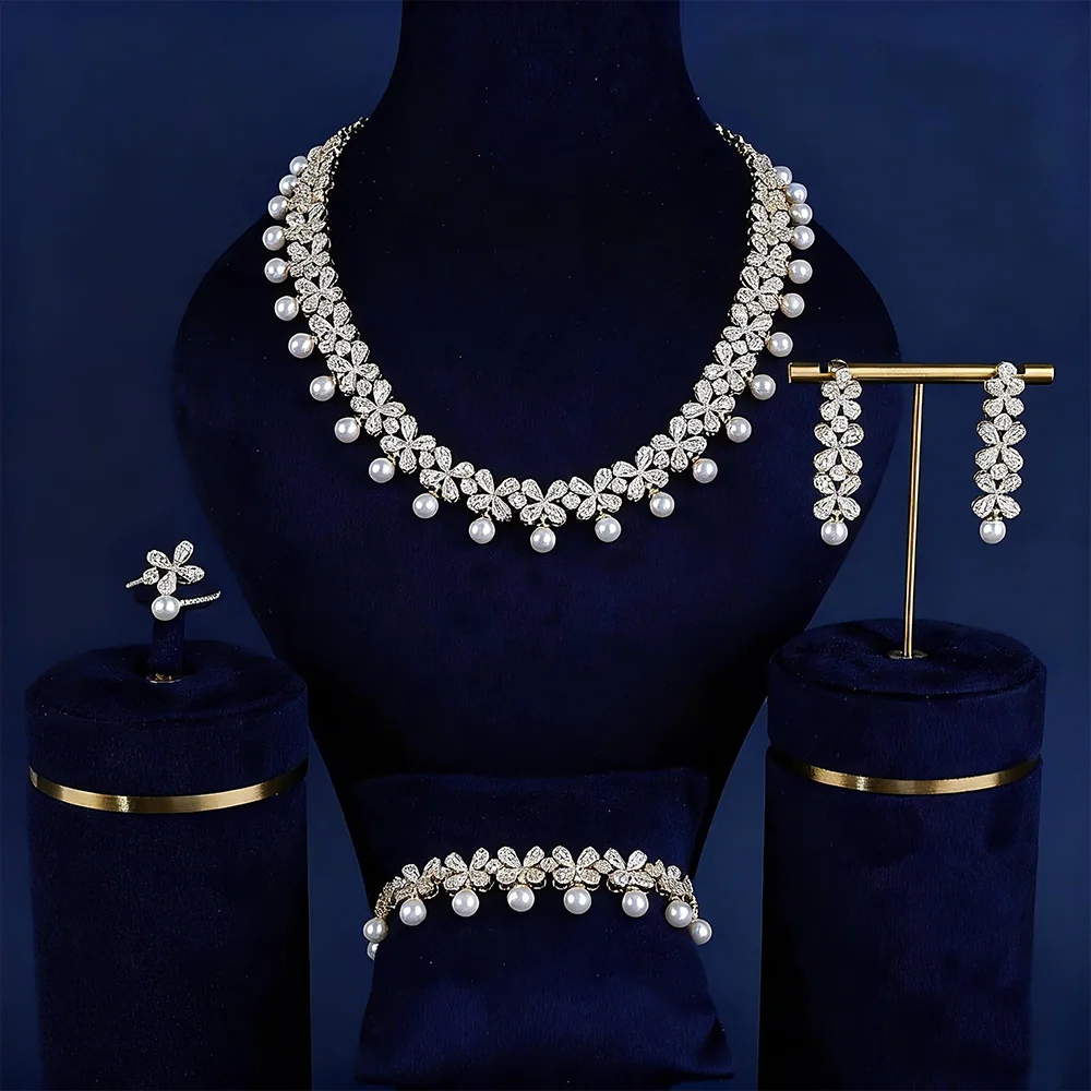 

BrideTalk Luxury Cubic Zirconia Necklace Bracelet Earrings and Ring 4pcs Dubai Full Jewelry Set For Women,Bridal Dress Dinner