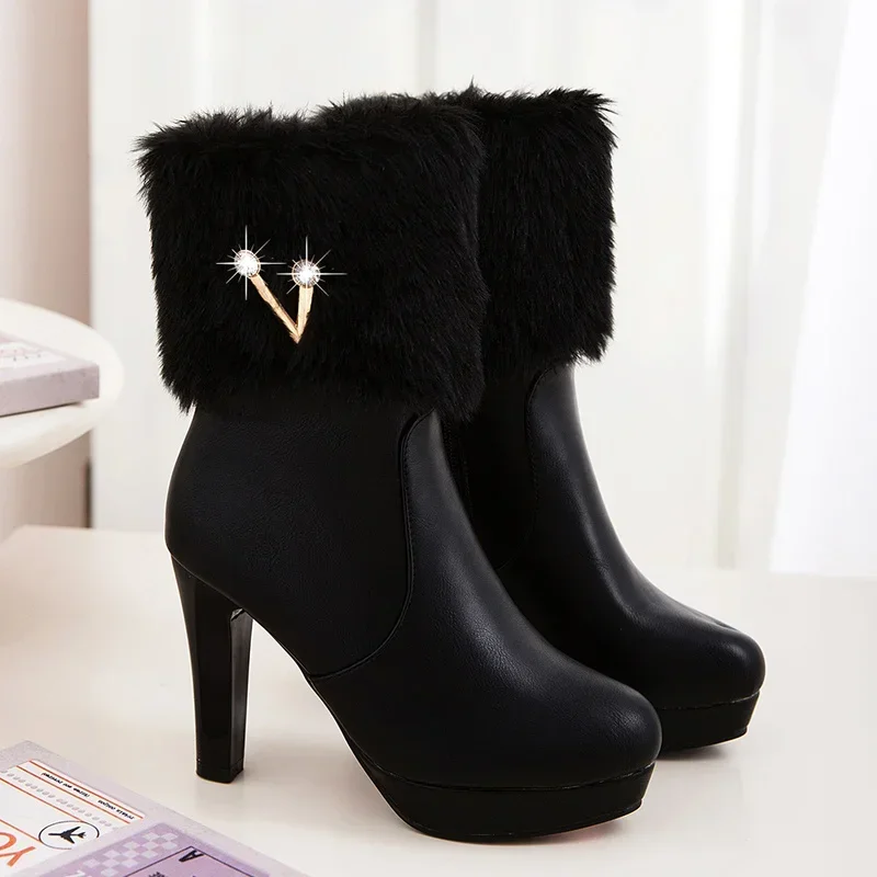 2025 Winter Faux Fur Design High Heel Boots Sweet Bowtie Spike Heels Pink White Black Warm Woman Shoes Ankle Snow Boots Female