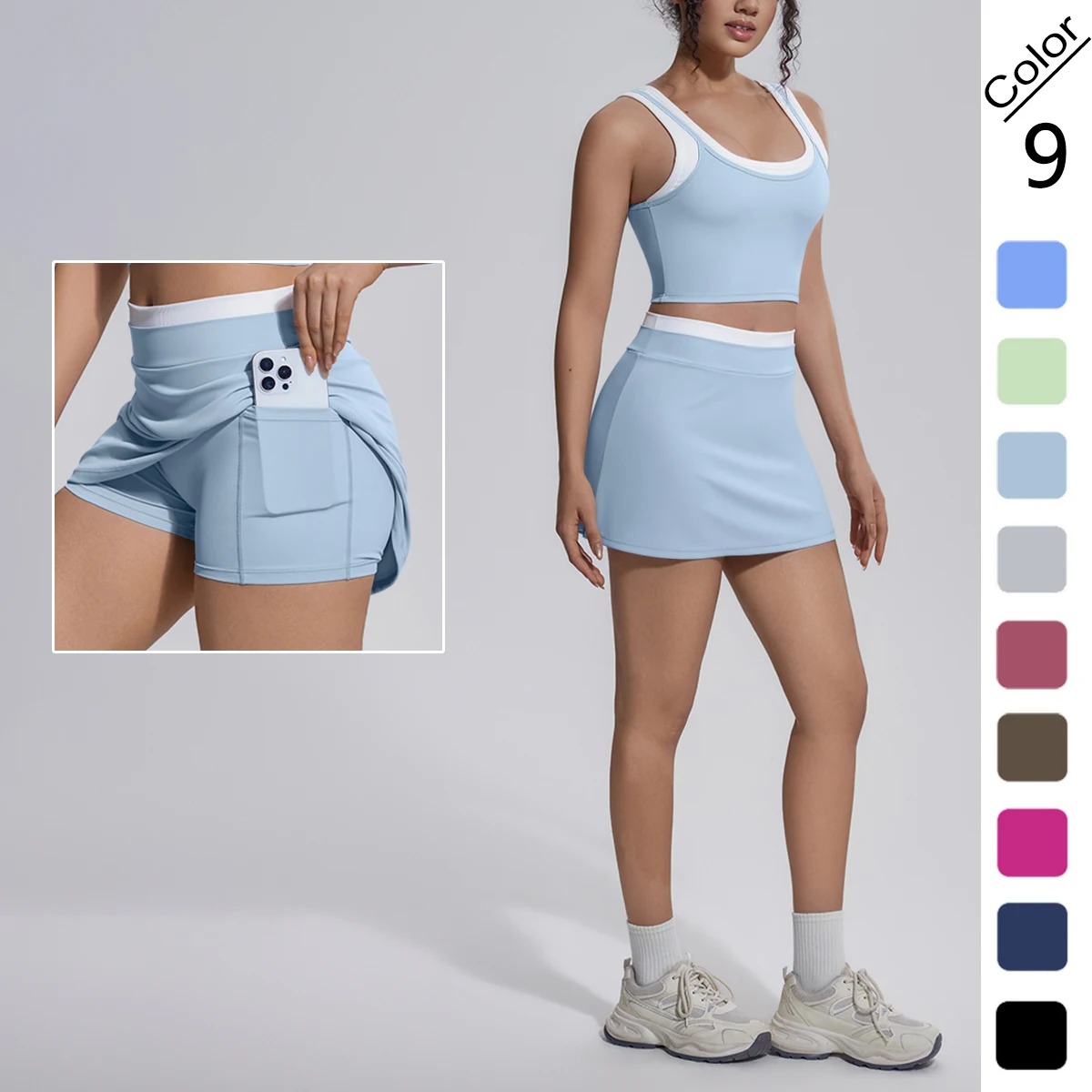 Summer Tennis Skirt and Yoga Vest Set Woman Color Blocking Breathable Workout Top with Chest Pad Pockets Yoga Short Skirt