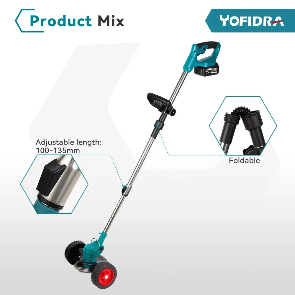 Cortacésped eléctrico Yofidra, cortacésped inalámbrico de mano para jardín, 100-135cm de longitud ajustable, para herramienta con batería Makita de