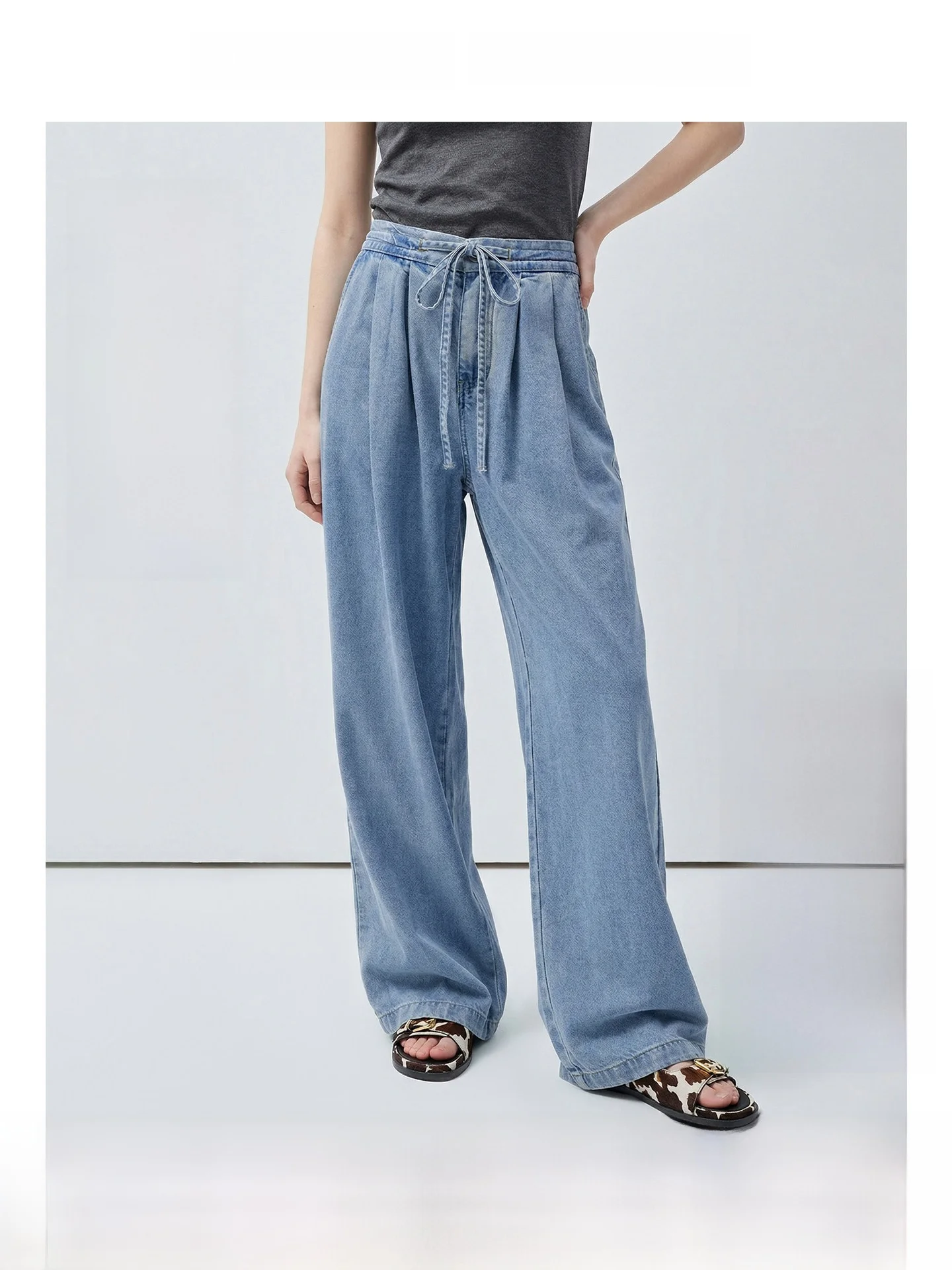 

High Waist Wide Leg Denim Pants with Drawstring for plus Size Women Spring Summer New Style Sweet Style Flat Belly Effect