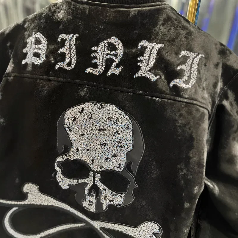 Black Metal Skull Rhinestones PU Leather Jacket Men High Street Streetwear Mens Jackets and Coats Chaqueta Мотоциклетная Куртка