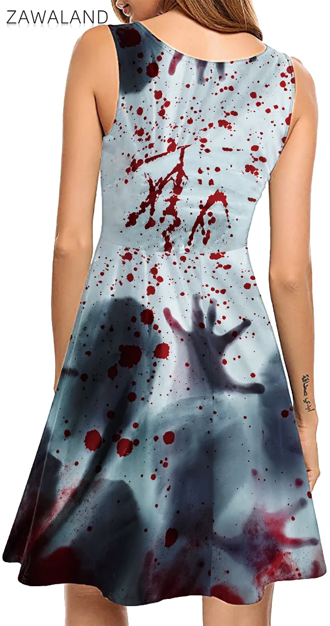 Skull Floral Blood Cosplay Dress Halloween Party Horror Print Costume Woman Summer Sleeveless Dress Carnival Performance Outfits