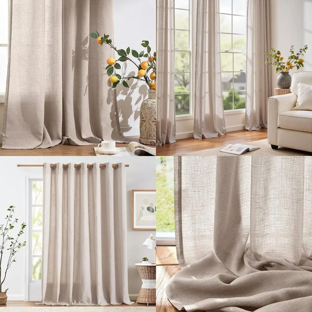 Extra breite 100 taupefarbene halbtransparente Leinenvorhänge für Schiebetüren, 96 lang, Tülle oben, Bauernhausstil