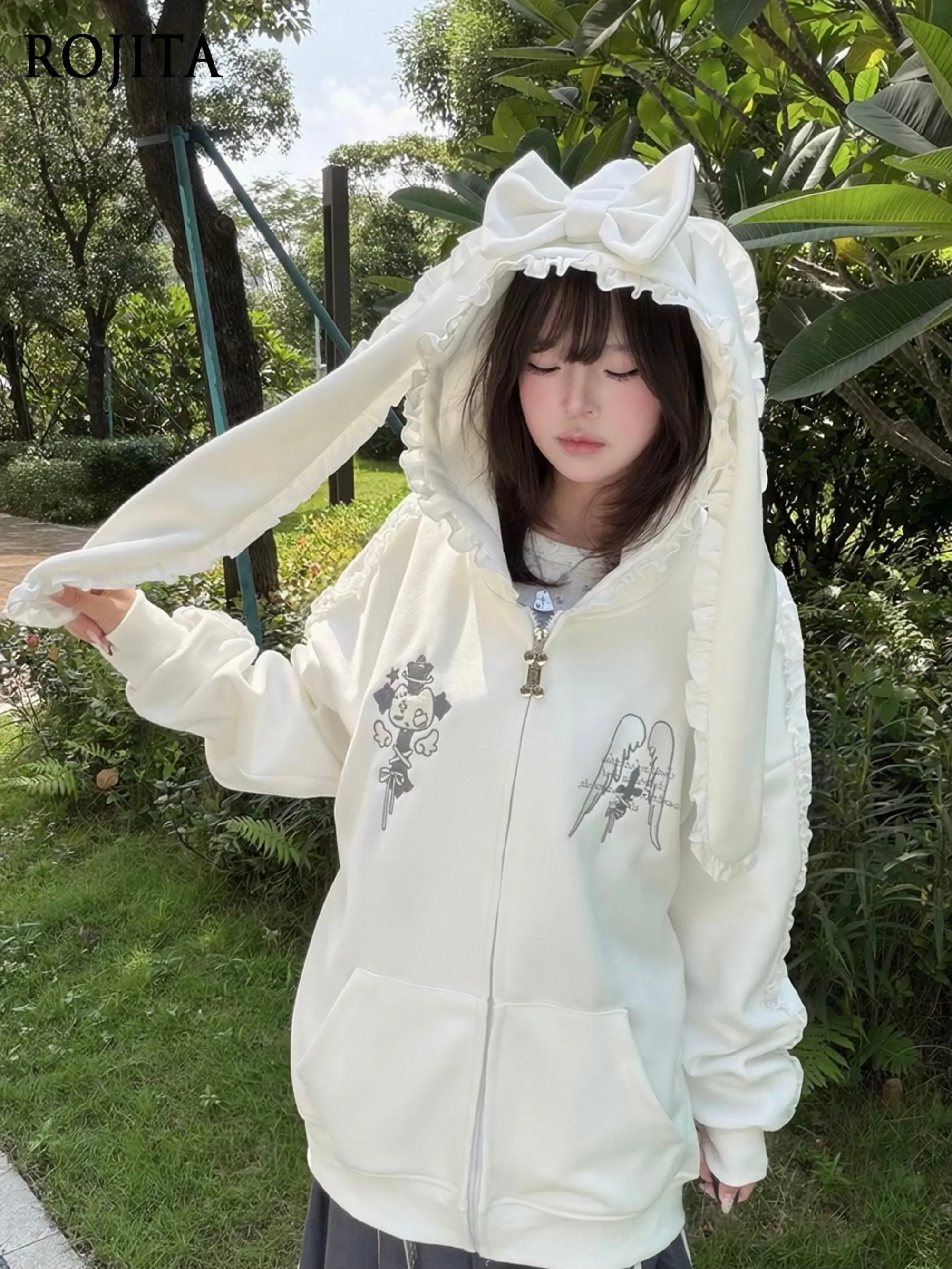 Lace Splicing Cross Embroidered Printed Hooded Cardigan Zipper Rabbit Ear Sweatshirt Jacket Sweatshirt Hoodie
