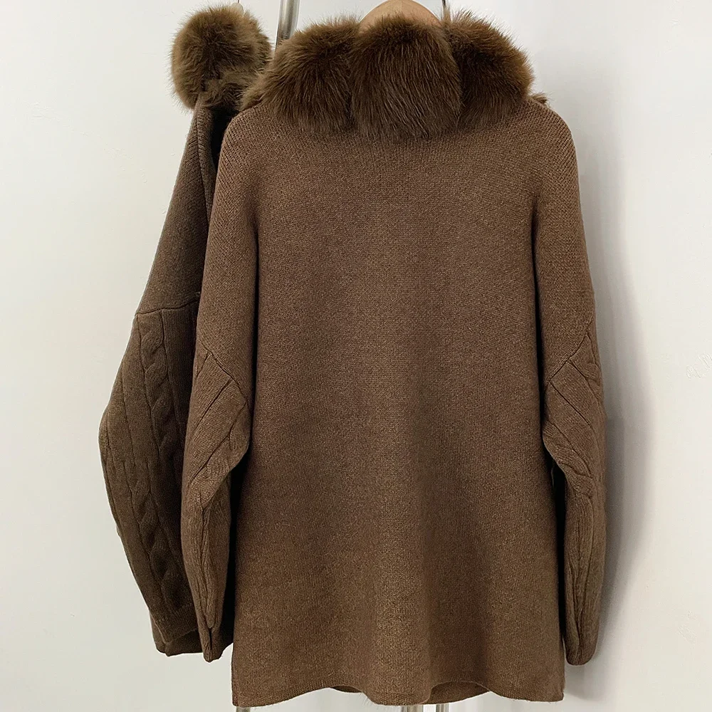 OFTBUY Kabelstrick Loser Warmer Neuer Wintermantel für Damen, Gestrickter Cardigan mit Kunstfuchspelzkragen, Mittellanger Pullover-Mantel für Frauen – Detail 21